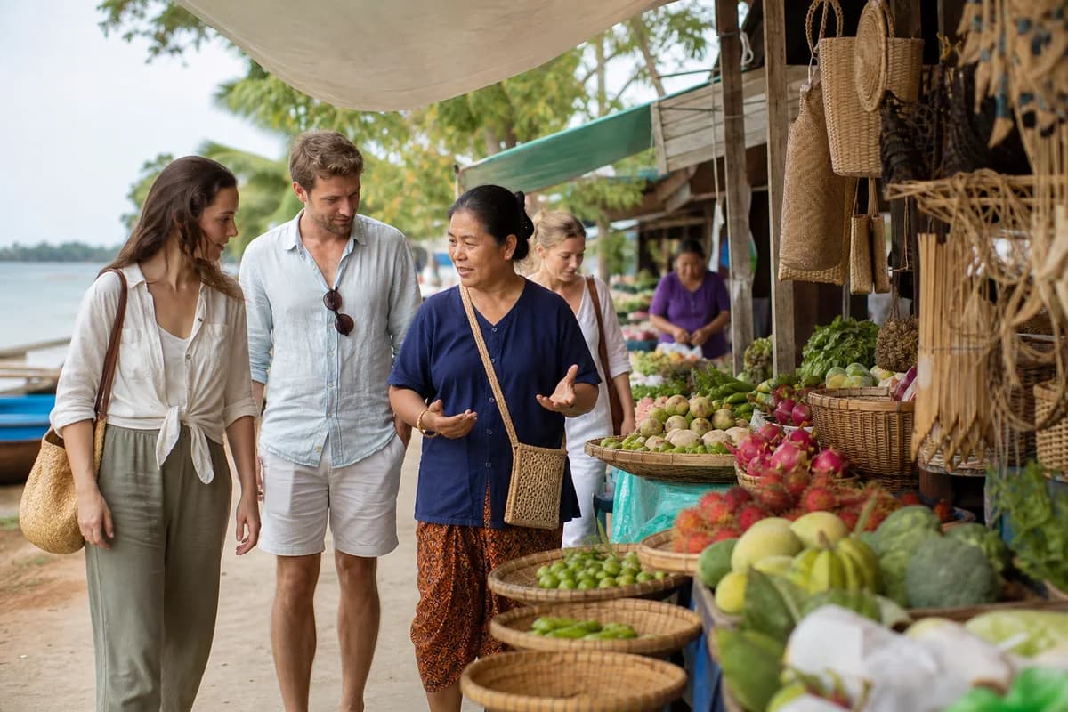 ผู้เข้าพักเดินชมผักผลไม้และผลิตภัณฑ์ท้องถิ่นกับผู้นำทางในตลาดเช้า