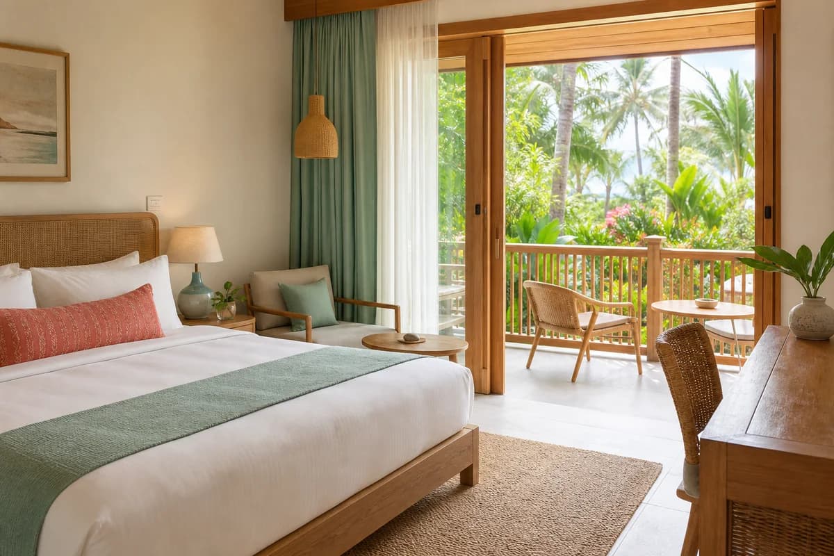ห้อง Garden Balcony พร้อมเตียงคิงไซซ์และระเบียงเปิดสู่สวน