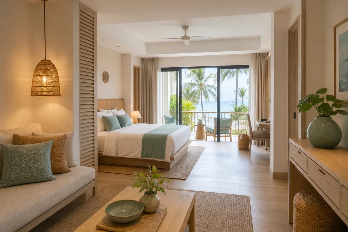 ห้อง Sea Breeze Suite พร้อมพื้นที่นั่งเล่นและวิวทะเลบางส่วน